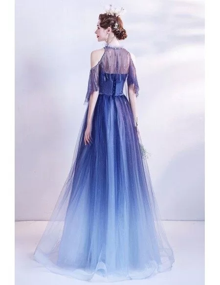 Dreamy Ombre Blue Flowy Long Tulle Prom Dress Sequined Cold Shoulder