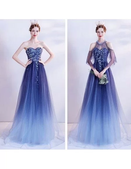 Dreamy Ombre Blue Flowy Long Tulle Prom Dress Sequined Cold Shoulder