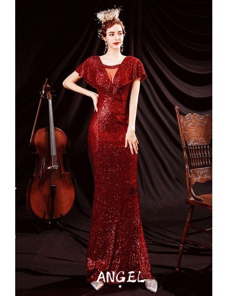 Slim Long Red Sequins Evening Party Dress with Sleeves