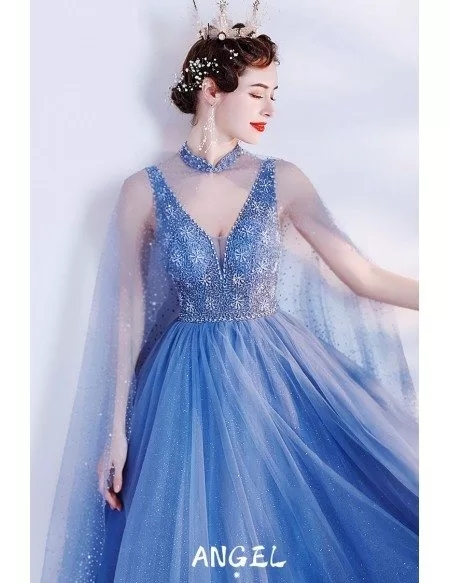 Bling Blue Tulle Unique Vneck Prom Dress with Cape