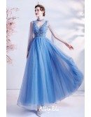 Bling Blue Tulle Unique Vneck Prom Dress with Cape