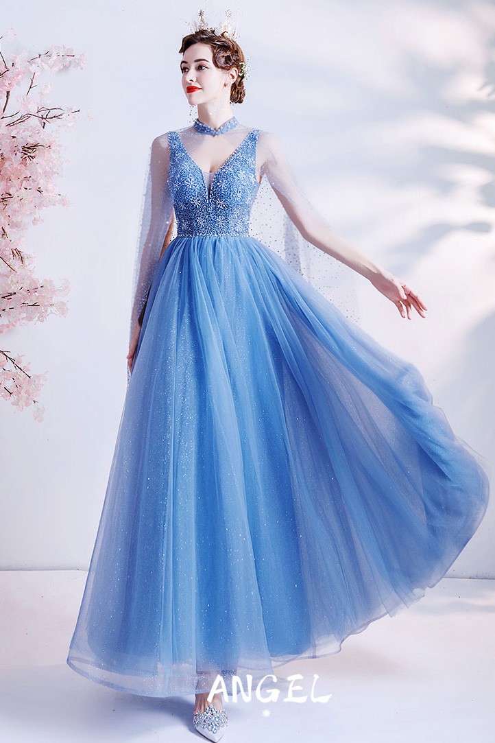 Bling Blue Tulle Unique Vneck Prom Dress with Cape Wholesale #T89030 ...