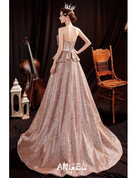 Luxe Coffee Gold Sparkly Formal Evening Dress with Ruffles