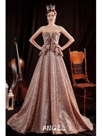 Luxe Coffee Gold Sparkly Formal Evening Dress with Ruffles