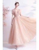 Romantic Pink Tea Length Party Dress with Bling Tulle Bubble Sleeves