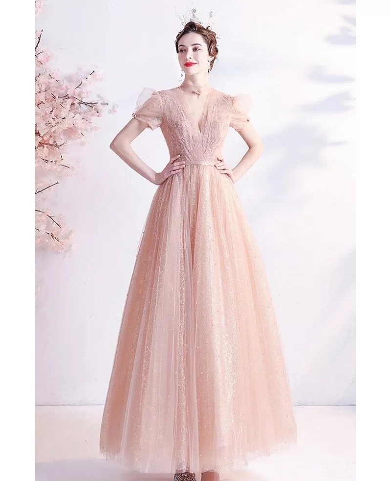 Romantic Pink Tea Length Party Dress with Bling Tulle Bubble Sleeves ...
