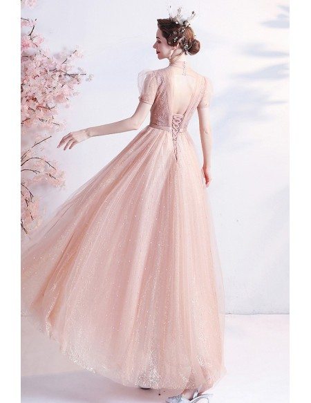 Romantic Pink Tea Length Party Dress with Bling Tulle Bubble Sleeves