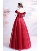 Red Bling Tulle Long Prom Dress with Beaded Off Shoulder