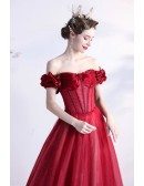 Red Bling Tulle Long Prom Dress with Beaded Off Shoulder
