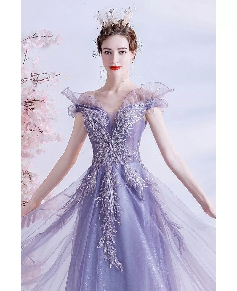Fairy Purple Long Tulle Sequined Pattern Prom Dress with Ruffles ...