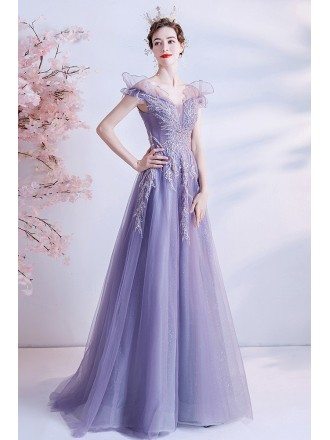 Fairy Purple Long Tulle Sequined Pattern Prom Dress with Ruffles