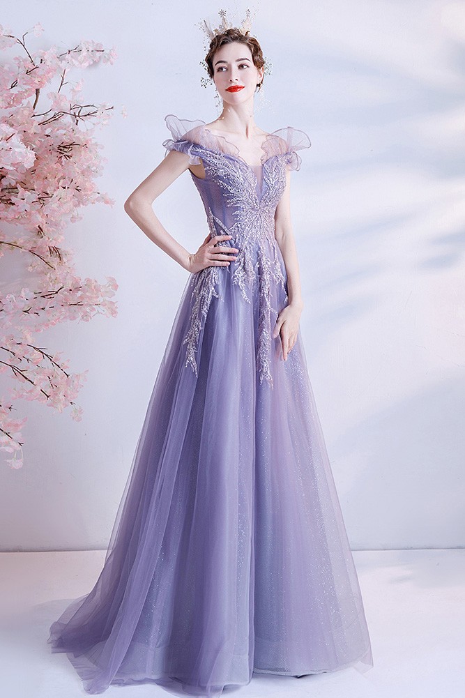 Fairy Purple Long Tulle Sequined Pattern Prom Dress with Ruffles ...