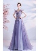 Fairy Purple Long Tulle Sequined Pattern Prom Dress with Ruffles