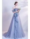 Noble Blue Bling Formal Prom Dress with Ruffles