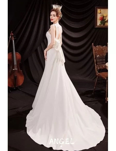 Simple Elegant White Formal Wedding Reception Dress with Big Bow