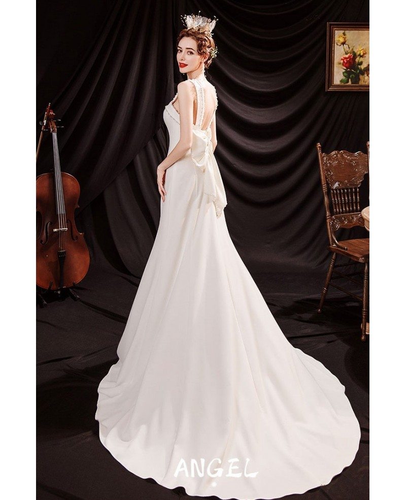 Simple Elegant White Formal Wedding Reception Dress with Big Bow ...