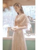 Classy Long Gold Sequins Evening Party Dress Vneck with Dolman Sleeves