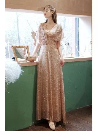 Classy Long Gold Sequins Evening Party Dress Vneck with Dolman Sleeves