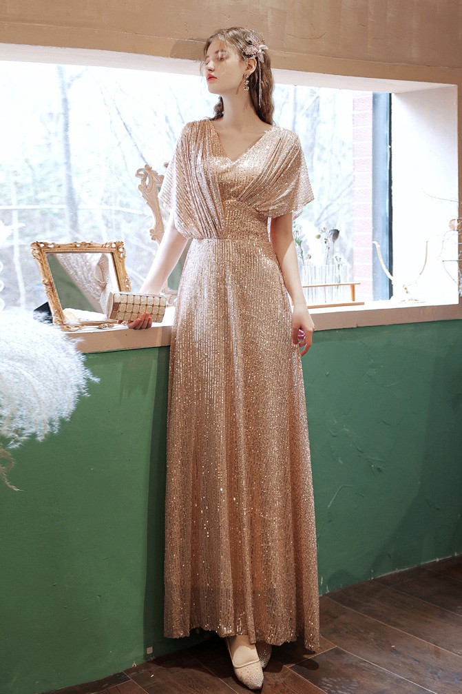 Classy Long Gold Sequins Evening Party Dress Vneck with Dolman Sleeves  Wholesale #T89109 - GemGrace.com