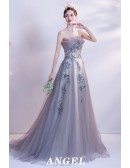 Dreamy Grey Bling Tulle Flowy Prom Dress with Embroidered Flowers