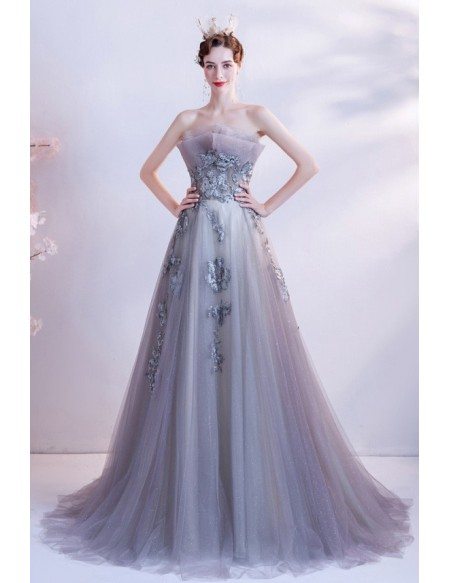 Dreamy Grey Bling Tulle Flowy Prom Dress with Embroidered Flowers