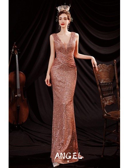 Slim Long Gold Sequins Evening Formal Dress Pleated Deep Vneck