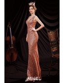 Slim Long Gold Sequins Evening Formal Dress Pleated Deep Vneck