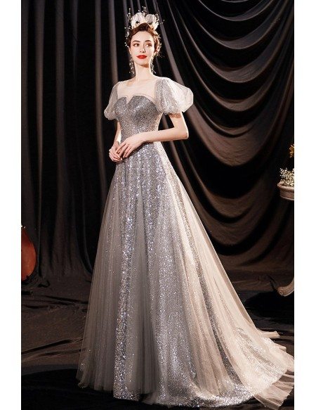 Bling Silver Sequins Stunning Evening Prom Dress with Bubble Sleeves ...