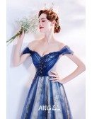 Gorgeous Off Shoulder Straps Blue Tulle Prom Dress with Beaded Pattern