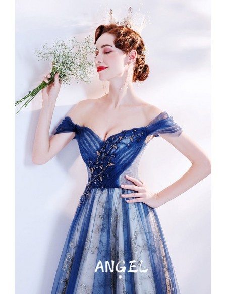 Gorgeous Off Shoulder Straps Blue Tulle Prom Dress with Beaded Pattern