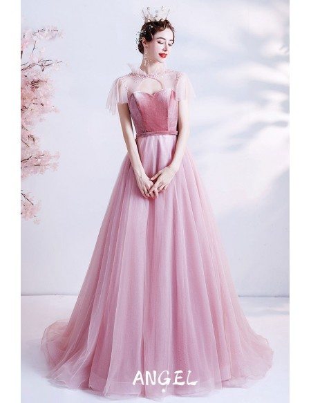 Long Pink Flowy Tulle Prom Dress with Velvet Bodice