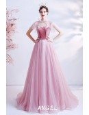 Long Pink Flowy Tulle Prom Dress with Velvet Bodice