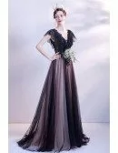 Elegant Long Black Tulle Vneck Lace Formal Dress with Cap Sleeves
