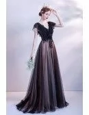 Elegant Long Black Tulle Vneck Lace Formal Dress with Cap Sleeves