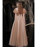 Retro Coffee Gold Tulle Prom Dress Bubble Sleeved with Flowers