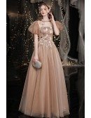Retro Coffee Gold Tulle Prom Dress Bubble Sleeved with Flowers