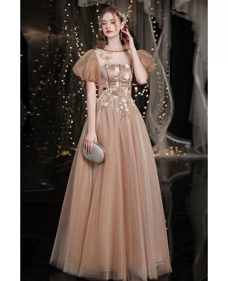 Retro Coffee Gold Tulle Prom Dress Bubble Sleeved with Flowers ...