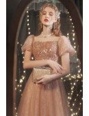 Fairytale Gold Bling Sequins Party Prom Dress with Cute Bubble Sleeves