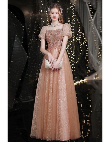 Fairytale Gold Bling Sequins Party Prom Dress with Cute Bubble Sleeves