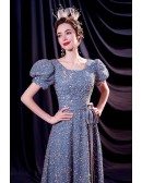 Lovely Sequined Blue Bling Formal Dress with Bubble Sleeves