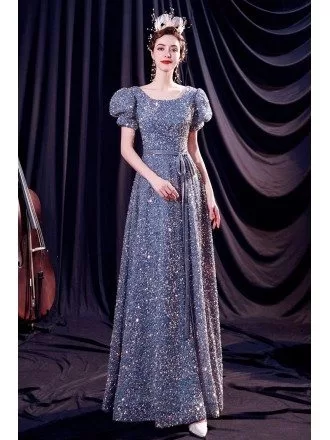 Lovely Sequined Blue Bling Formal Dress with Bubble Sleeves