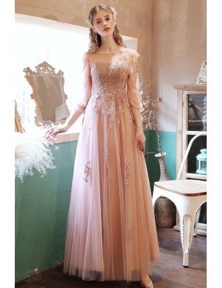 Fairy Cute Pink Tulle Long Prom Dress with Appliques 3/4 Sleeves