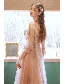 Fairy Cute Pink Tulle Long Prom Dress with Appliques 3/4 Sleeves