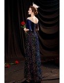 Blue Puffy Sleeves Sequined Long Party Dress with Illusion Neckline