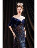 Blue Puffy Sleeves Sequined Long Party Dress with Illusion Neckline