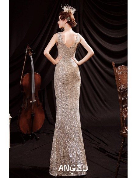 Luxe Champagne Gold Sequined Mermaid Formal Dress with Deep Vneck