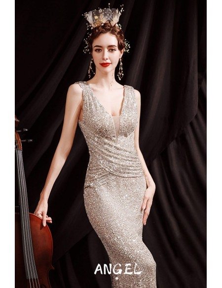 Luxe Champagne Gold Sequined Mermaid Formal Dress with Deep Vneck