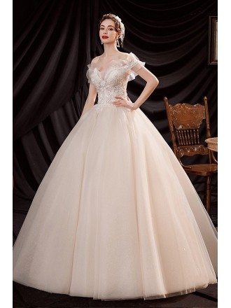 Beaded Lace Ballgown Wedding Dress with Ruffled Neckline