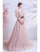 Cute Pink Bling Stars Sweetheart Prom Dress with Bubble Sleeves