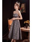 Silver Striped Pattern Tea Length Party Dress Strapless